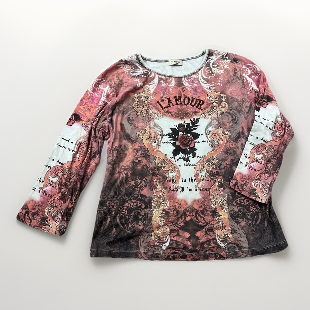 Vintage Cactus Top Large L'Amour Love Rose Y2K Print Rhinestone Embellished